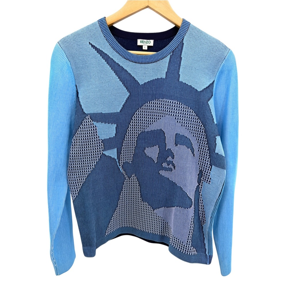 Kenzo Paris Blue Statue of Liberty Intarsia Ribbed Knit Sweater Pullover Luxe L